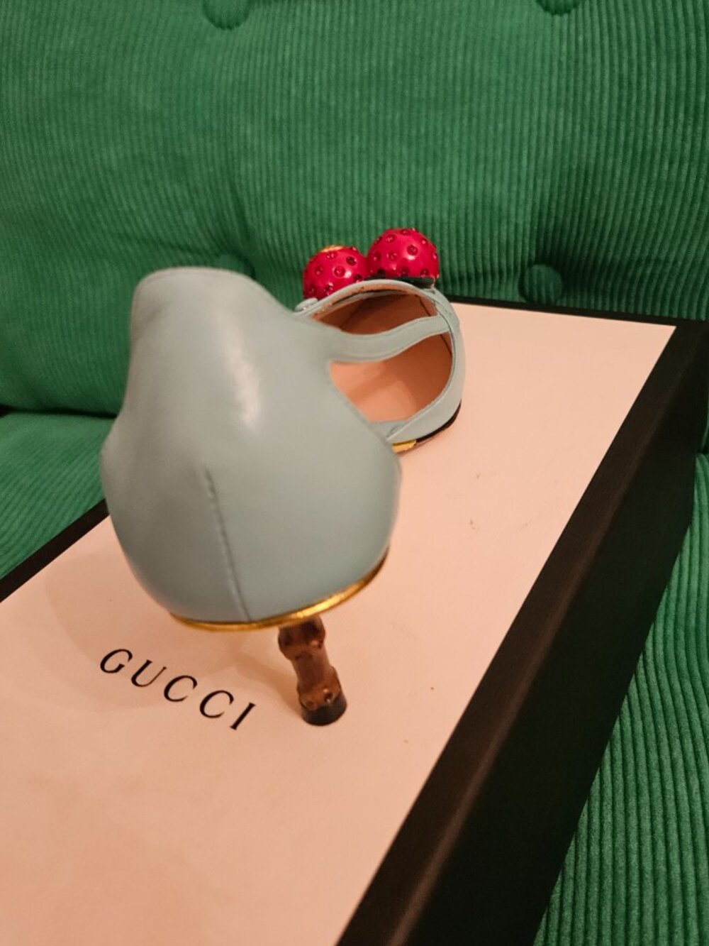 Authentic Gucci Cherry Bamboo Heel Pumps Light Blue Size 36.5 EU With Box - Picture 6 of 9